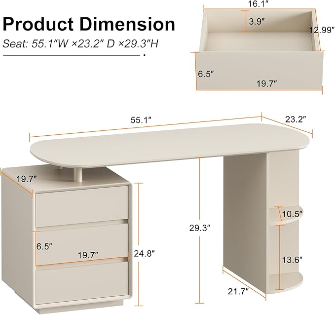 Qulomvs Desk with Drawers 55inch Home Office White Desk with Drawers and Storage Shelves Cream White Modern Simple Style Laptop Desk Work Study Writing Table Workstation for Home Office