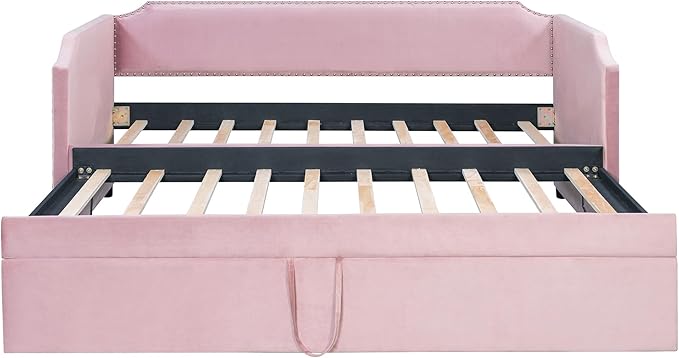 Flieks Twin Size Velvet Upholstered Daybed with Pop-Up Trundle 2-in-1 Convertible Sofa Bed for Small Space Modern Daybed for Guest/Kids Room in Pink (Mattress Not Included)