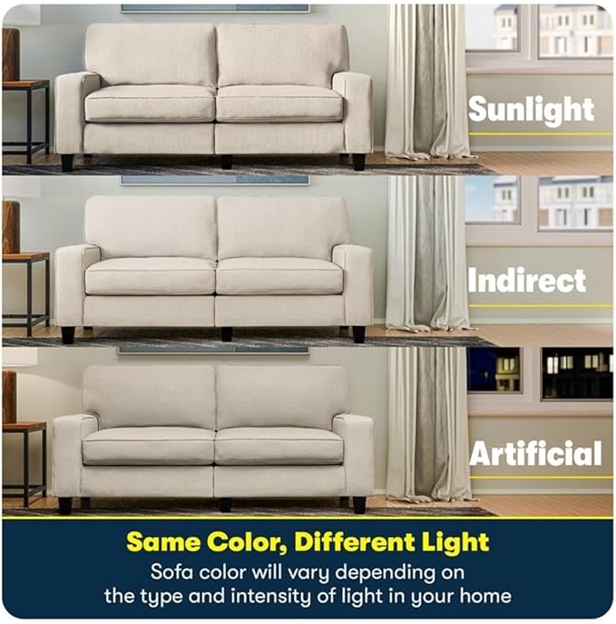 Pemberly Row 61 Track Arm Loveseat Sofa Buckwheat Polyester Removable Cushion Covers Compact Space-Saving Furniture Modern Classic Design for Small Apartments Living Rooms or Home Offices