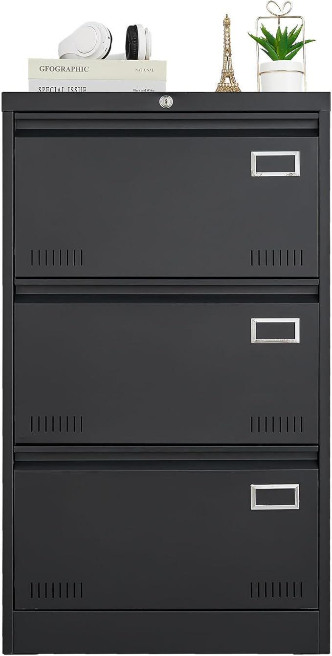 3 Drawer Metal Lateral File Cabinet with Lock Office Vertical Files Cabinet for Home Office Legal Letter A4 Large Capacity Security Lock Heavy-Duty Steel Adjustable File Bars (Black)