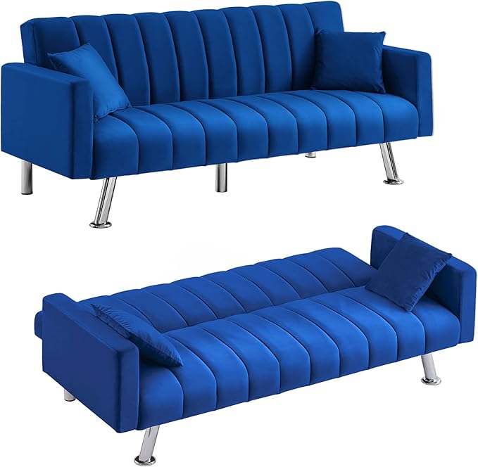 AWQM Sofa Bed Upholstered Convertible Folding Sofa Bed with 2 Pillows Sturdy Sleeper Couch with Wooden Frame and Metal Legs Comfortable Velvet Sofa Suitable for Living Room Bedroom Office (Blue)