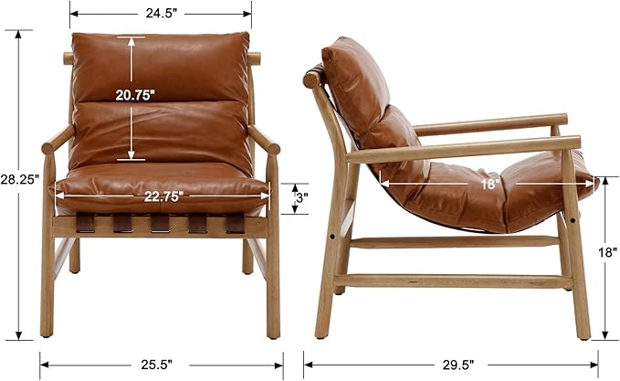 Faux Leather Accent Chair Mid Century Modern Living Room Chairs Comfy Arm Chair with Solid Wood Frame Upholstered Lounge Reading Chair Cozy Recliner for Guest Room/Bedroom Brown 7533AC