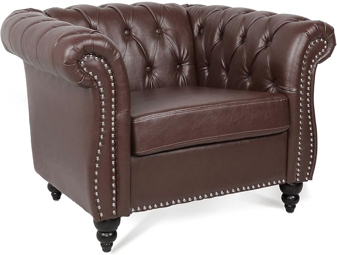 Leather Chesterfield Chair Single Sofa Chair with Nailhead &amp Rolled Arm with Extra Deep Seats Mid Century Modern Tufted Faux Leather Couch for Living RoomBedroomReading Room