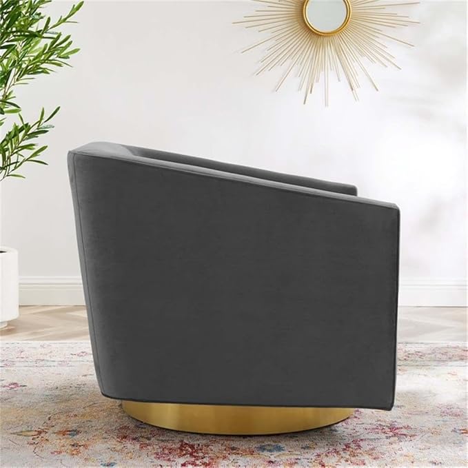 Pemberly Row Performance Velvet Swivel Chair 28H x 31.5W x 33D Brushed Gold Metal Base Stain-Resistant Charcoal Upholstery Dense Foam Padding Barrel Back Design for Living Room or Lounge Use