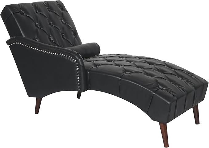 Luxury Indoor Recliner Chair with Pillow &amp Wooden Legs - Tufted Back &amp Arms PU Leather Lounge Chair for Living Room/Bedroom (Black)
