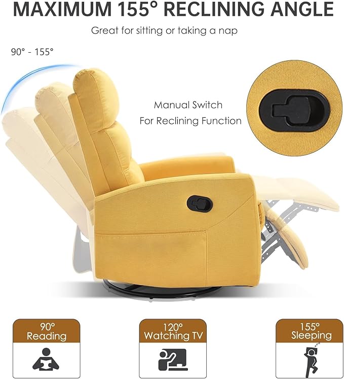 360° Swivel Rocker Recliner Chair for Small Spaces Manual Recliner with Side Pockets for Petite Adults Small Rocker Recliner for Living Room Bedroom - Yellow