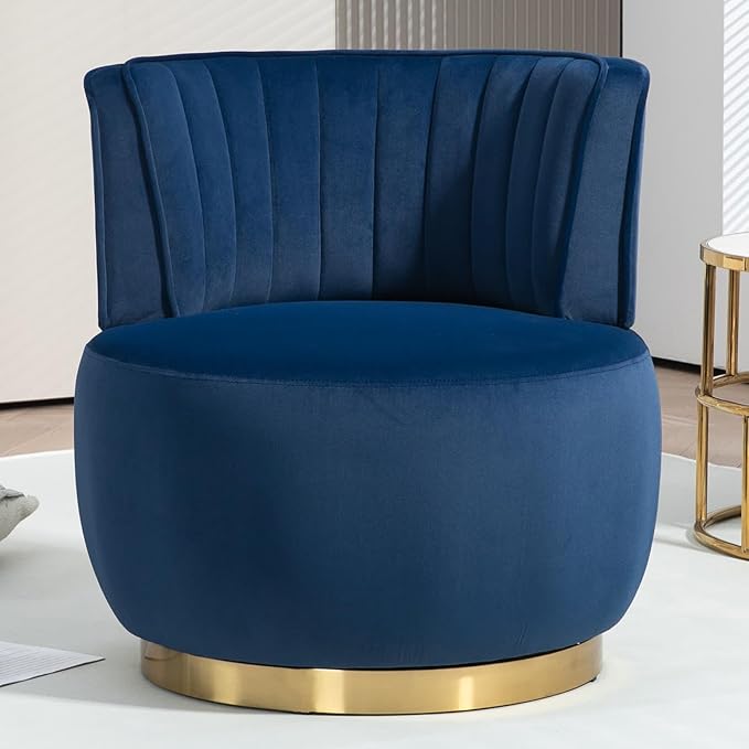 Swivel Barrel Chair Blue Velvet Modern Accent Chair Round Upholstered Comfy Side Chair Sherpa Chair with Gold Base for Nursery Living Room Bedroom Office Waiting Room Hotel Blue