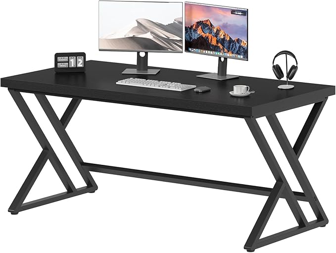 LVB Black Computer Desk Modern Gaming PC Writing Desk for Home Office Metal Computer Study Work Table for Bedroom Industrial Executive Student Simple Workstation Desk 55 in Black Oak