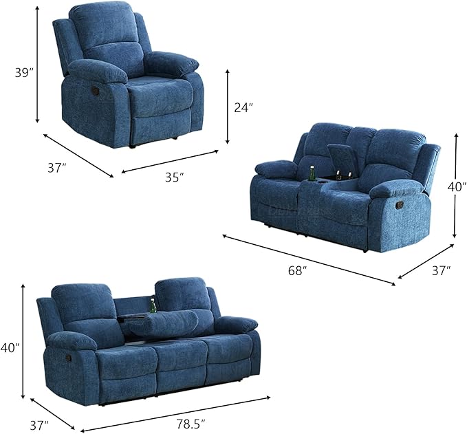 Fabric Recliner Chair Contempary Manual Motion Reclining Chair Living Room Furniture Microfiber Single Recliner with Overstuffed Arm &amp Back for Living Room/Bedroom/Office/Rv Car (Blue Chair)