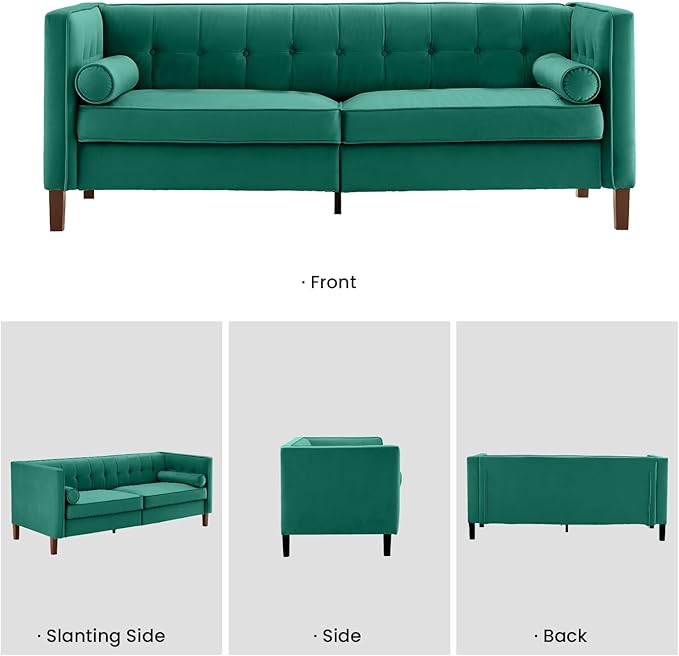 Kingfun 78 Couch for Living Room Mid Century Modern Sofa Velvet Loveseats with Bolster Pillows Home Sofa for Bedroom Green