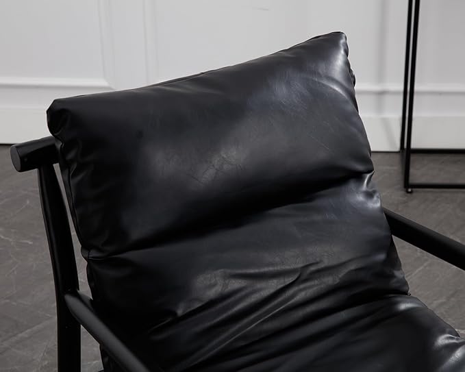 Mid Century Modern Sling Accent Chair Faux Leather Living Room Chair with Solid Wood Frame Comfy Upholstered Single Sofa Armchair for Lounge/Bedroom/Reading Black