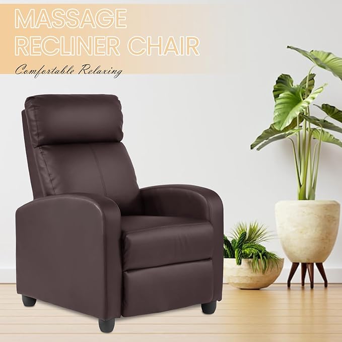 Recliner Chair Breathable Padded PU Leather Massage Single Sofa Recliners for Small Recliner Chair with Footrest Home Theater Seating for Bedroom Living RoomBrown