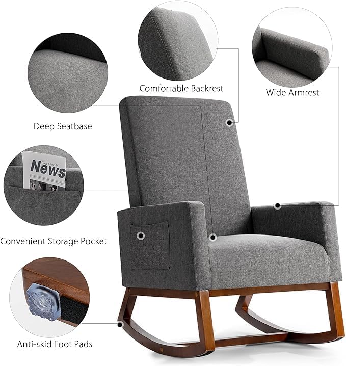 MEDIMALL Comfortable Rocking ChairModern Fabric Armchair w/Wood Base Side PocketLinen Padded Seat Suitable for Living Room Bedroom Nursery (Grey)