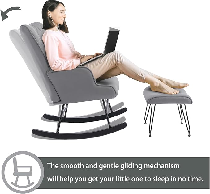 Modern Upholstered Rocking Chair with Ottoman – High Back Glider for Nursery Living Room or Bedroom – Comfortable Armchair with Lumbar Support &amp Sturdy Wood Rockers (Grey Fabric)