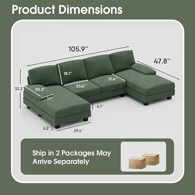 Furniwell Convertible Sectional Sofa Couch 4 Seat Sofa Set for Living Room U-Shaped Modern Fabric Modular Sofa Sleeper with Double Chaise &amp Memory Foam (Corduroy Deep Green)