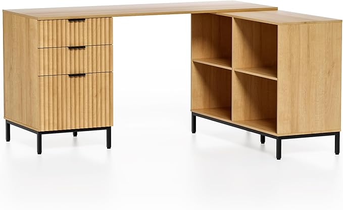60 L Shaped Fluted Desk Computer Desk with Movable Storage Cabinet Home Office Desk with 3 Drawers Metal Legs Corner Desk for Gaming Study Natural Oak