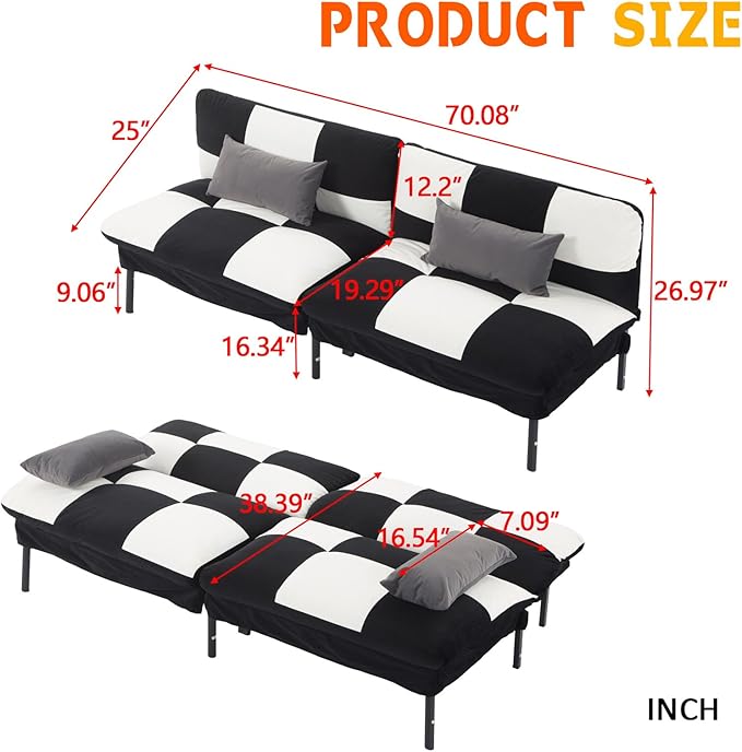 78 Modern Sofa Bed FutonConvertible Sleeper Bed Couch with 4 Reclining BackrestComfy Velvet Cloud Sofa Loveseat for Living Room Bedroom Office (Black+White)