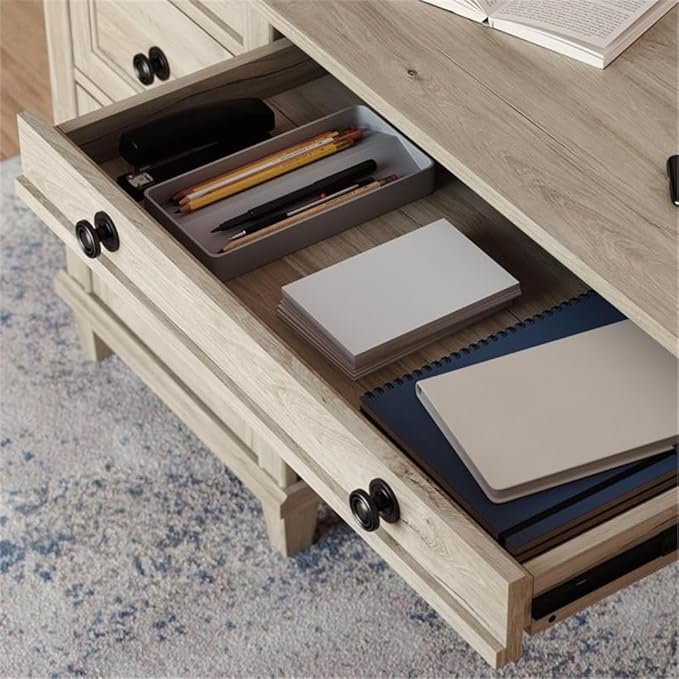Pemberly Row Executive Desk Engineered Wood Chalk Oak Finish 1 Thick Top Double Pedestal with Storage Drawers Solid Wood Feet Home Office Desk with Grommet Holes for Organized Workspace