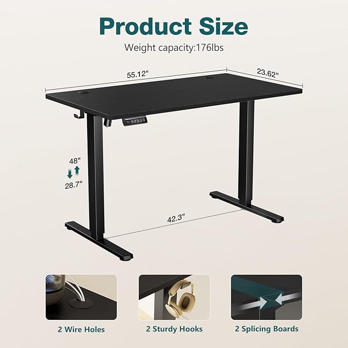 Sweetcrispy Electric Standing Desk Adjustable Height 55x24 Inch Sit Stand Up Home Office Desks Memory Computer Workstation PC Work Table with Preset Splice Wood Board Metal Frame Black