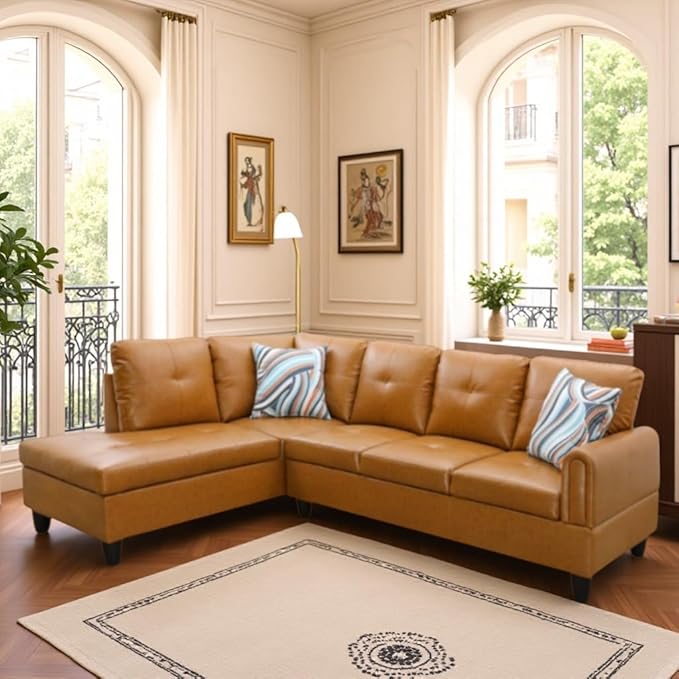 L Shaped Couch Sectional Couches with Chaise 3 Pieces Modular Convertible Sofa for Living Room Furniture Sets and Small Apartment Faux Leather Ginger