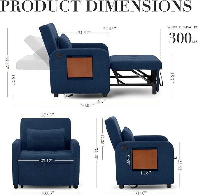 Convertible Sleeper Chair-Fabric Futon Sofa Bed Single Sleeper Sofa Small Couch Bed with USB Port Foldable Table Pillow Adjustable Backrest for Dorm/Bedroom/College DarkBlue