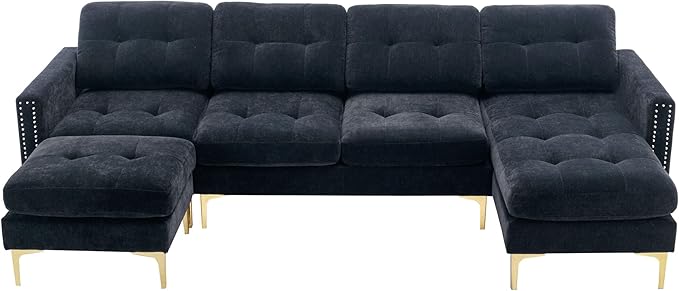Merax Velvet L-Shape Sofa 4 Seat with Chaise and Movable Ottoman 110.6 Sofa Couch for Living Room Apartment Office (Black)
