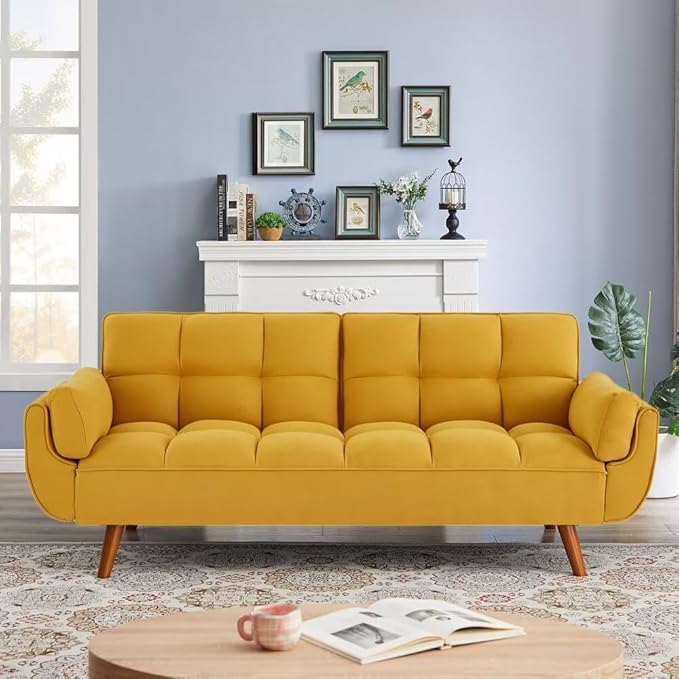 Convertible Sofa Bed Folding Loveseat Couch Modern Futon Recliner Sleeper with Adjustable Backrest Yellow