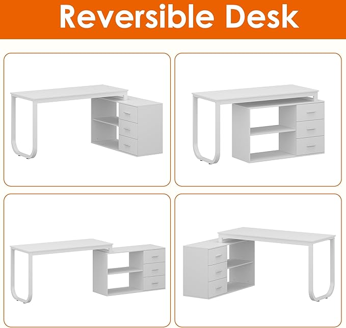 White Large L Shaped Office Computer Desk with Drawers Reversible Long Corner Gaming Work Study Desk Table with Adjustable Shelves &amp Storage Drawers for Home Office Bedroom