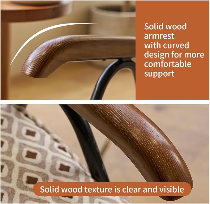 Corduroy Fabric Armchair Modern Accent Chair with Wooden Armrests Comfy Reading Seat for Bedroom High Back Lounge Furniture for Living Room Durable Metal Legs Cream+Brown