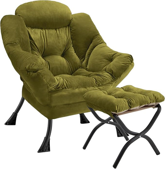 Lazy Chair with Folding Ottoman Modern Large Accent ChairContemporary Lounge Leisure Sofa Chair with Armrests Upholstered Sofa Armchair Reading Chair for BedroomDorm &amp Office(Green-f)