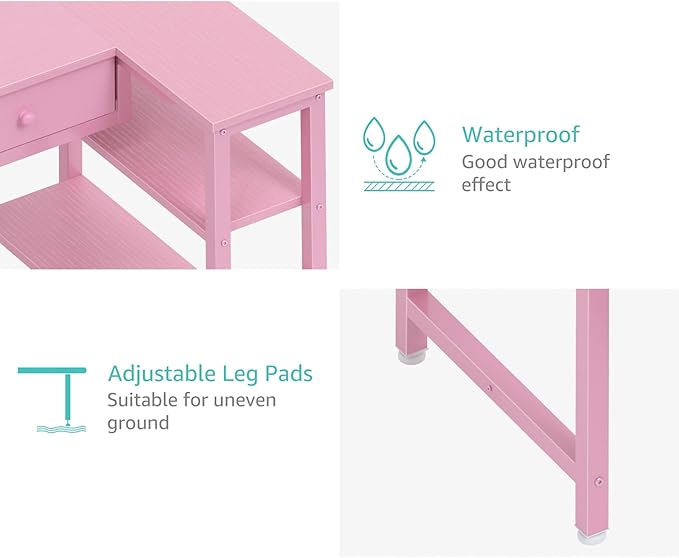 DLisiting Pink Reversible L Shaped Desk with Drawers and Shelves Small Kids Study Vanity PC Computer Desk with Storage for Girls Corner L-Shaped Desks for Small Space Bedroom