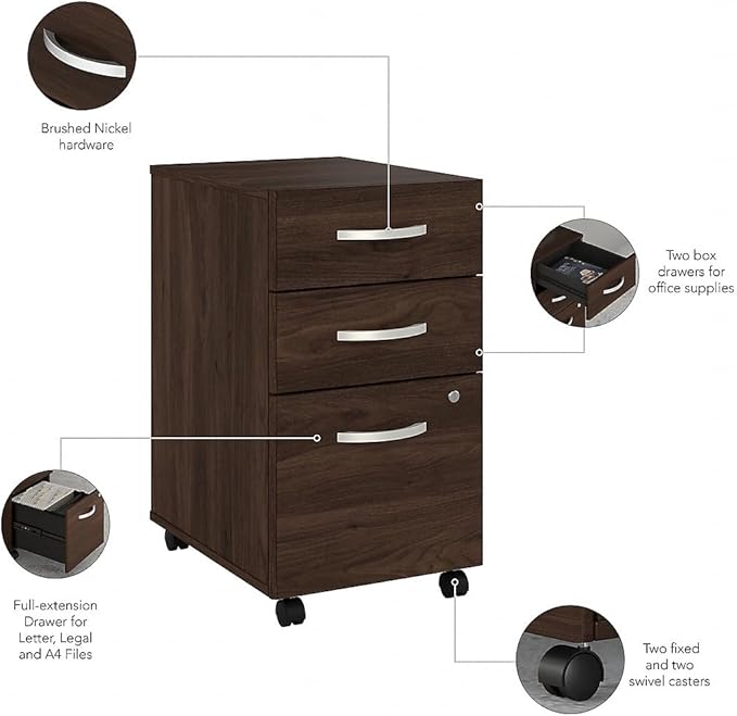Bush Business Furniture Hybrid 3 Drawer Mobile File Cabinet-Assembled Black Walnut