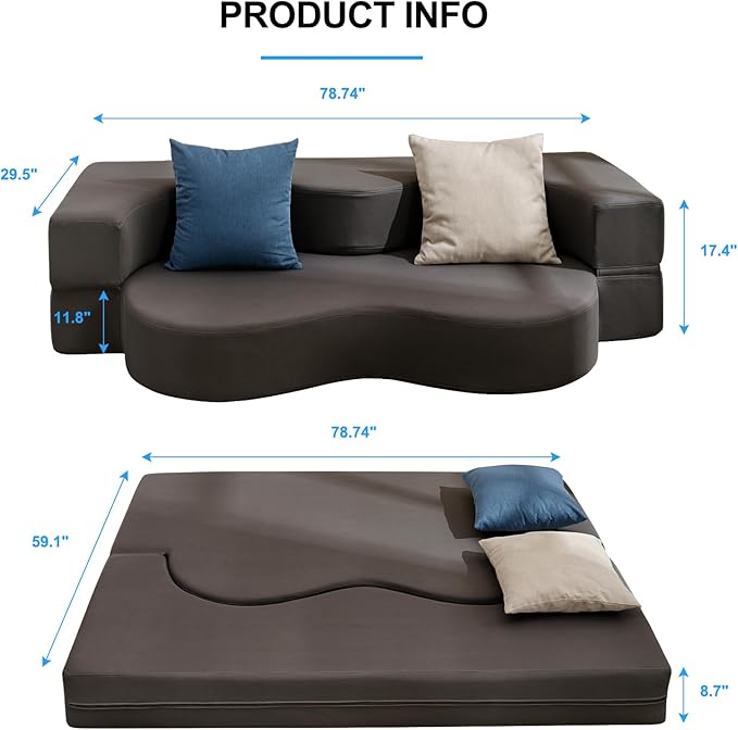 PUREMIND Queen Folding Floor Sofa Bed Lazy Foam Floor Couch Bed with Leathaire Fabrics Convertible Fold Out Sleeper Sofa Bed 2 in 1 Foldable Sofa Bed for Living Room/Apartment/Office