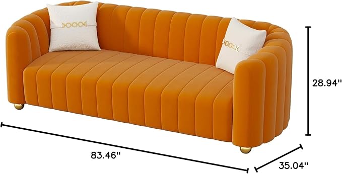 KEAI 83.46 Velvet Couch for Living Room Large Modern Sofa with Gold Metal Sphere Legs Office Upholstered Comfy 3 Seater Couches Cute Sherpa Bedroom Furniture (Orange)
