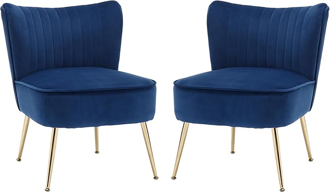 Velvet Accent Chair Set of 2 Comfy Upholstered Side Chair with Gold Metal Legs and Padded Seat Modern Small Corner Armless Living Room Chairs with Wing Back Blue