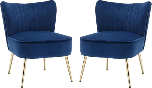 Velvet Accent Chair Set of 2 Comfy Upholstered Side Chair with Gold Metal Legs and Padded Seat Modern Small Corner Armless Living Room Chairs with Wing Back Blue