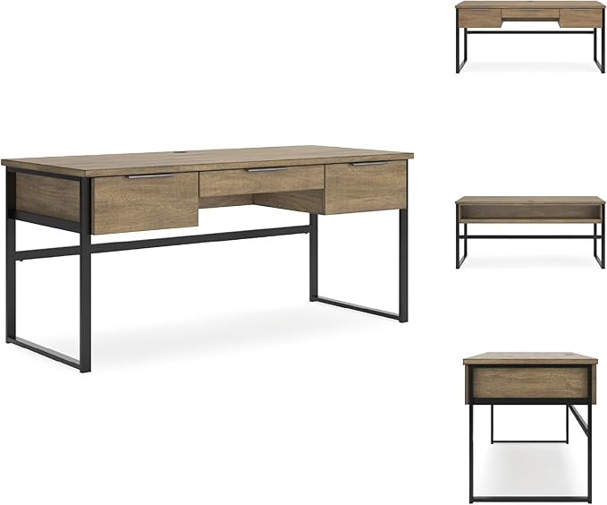 Signature Design by Ashley Montia Contemporary 67 Home Office Desk with Drawers and Cord Management Light Brown &amp Black