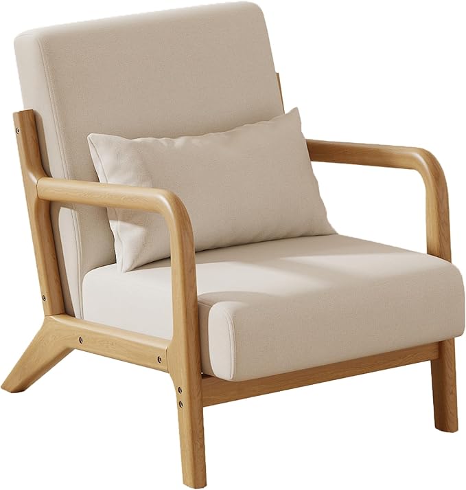 Solid Wood Accent Chair Mid-Century Modern Lounge Armchairs Fabric Upholstered Soft Comfy Living Room Chairs with Armrest Waist Cushion Pillow for Office Reading Waiting Room (Off-White)