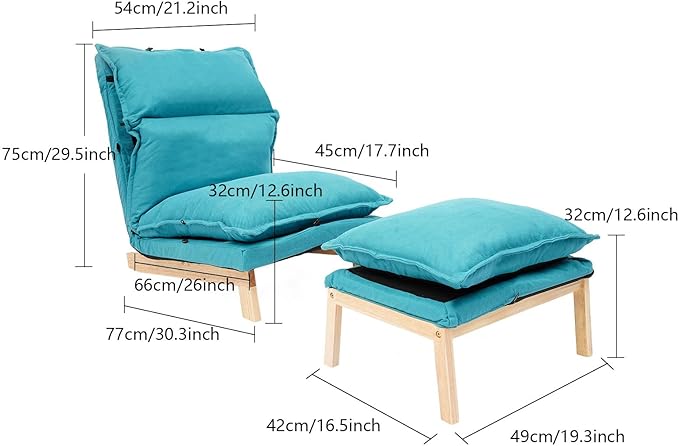 Modern Sofa Bed Chair with Ottoman 5-Position Adjustable Recliner Lounge - Accent Reading Chair for Bedroom Living Room Balcony - 330lbs Capacity (Blue)