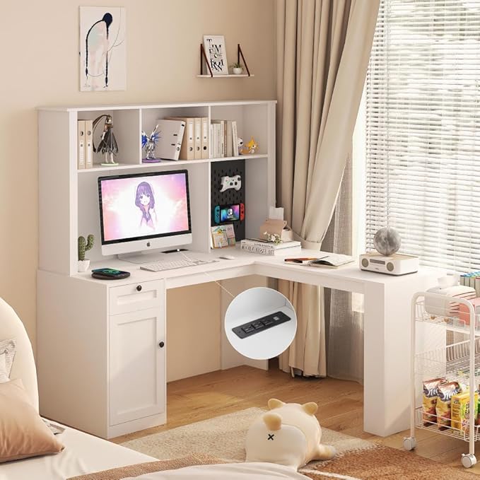 L Shaped Desk with Outlet Computer Workstation with Drawers Modern Corner Table Home Office Workspace with Bookshelf and Hutch White 59.44