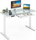 Giantex Glass Standing Desk with Drawer 48 x 24 Height Adjustable Electric Stand Up Desk with Tempered Glass Top 2 Memory Positions &amp USB Type-C Outlets Sit Stand Desk for Home Office White
