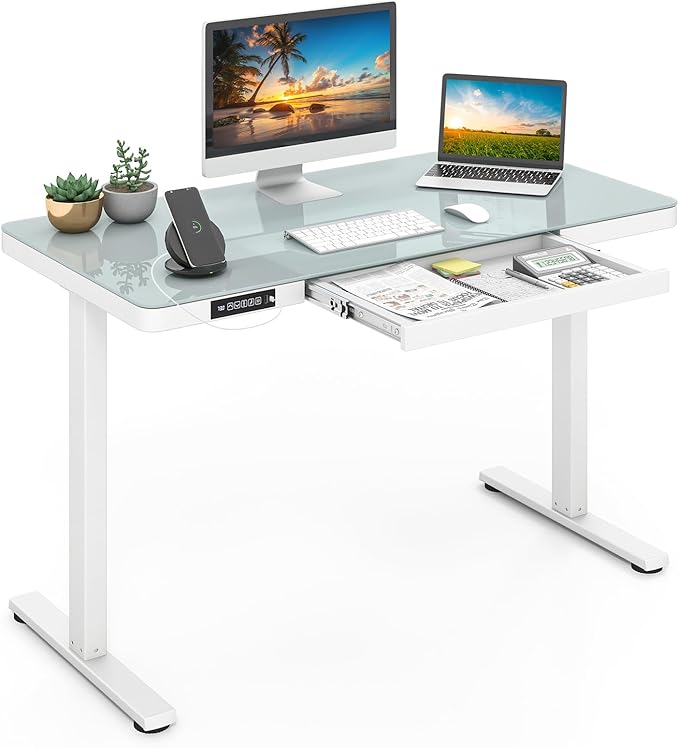 Giantex Glass Standing Desk with Drawer 48 x 24 Height Adjustable Electric Stand Up Desk with Tempered Glass Top 2 Memory Positions &amp USB Type-C Outlets Sit Stand Desk for Home Office White