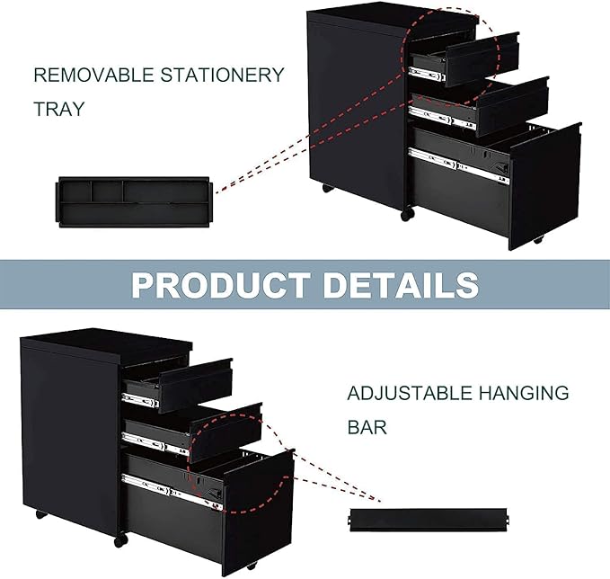 Yiguo 3-Drawer Mobile File Cabinet with Lock Rolling Office File Cabinet Under Desk Metal Filing Cabinet with Wheels for Legal Letter A4 File Size (Black)