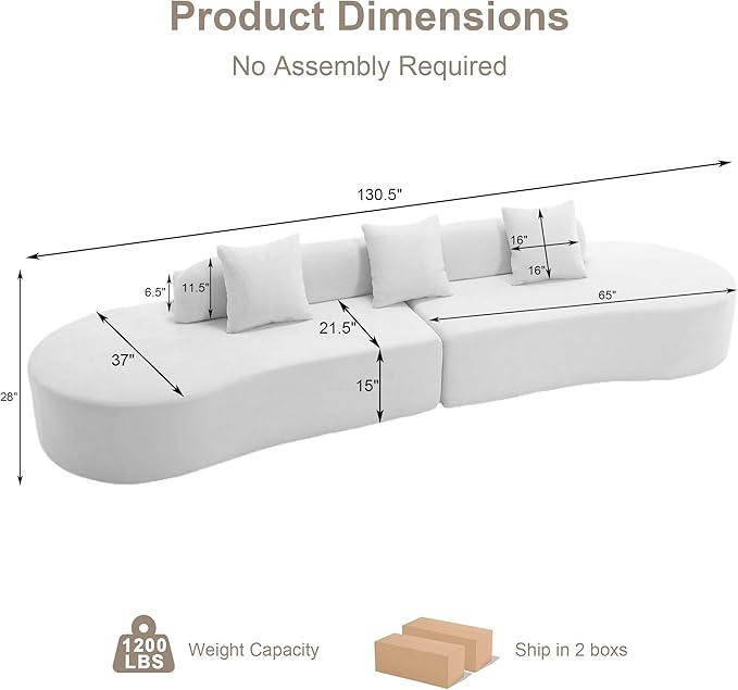 130.5” Oversized Curved Sectional Sofa Modern Cloud Curved Couch Boneless Compression Sofa with 3 Pillows for Living Room Apartment Office No Assembly Required Terrycloth Fabric Beige