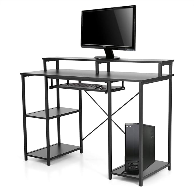 MAISON ARTS Black Computer Desk with Hutch Storage Shelves &amp Keyboard Tray Home Office Writting Large Desk Study Modern PC Table for Bedroom Work Gaming