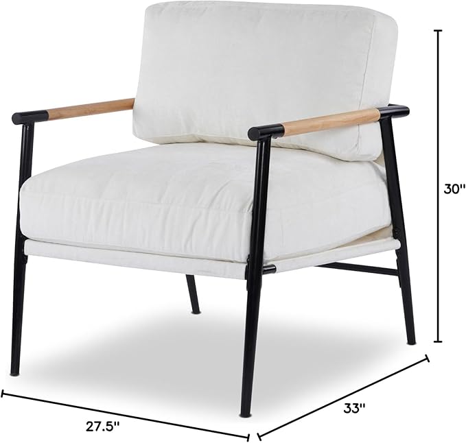 Accent Chair Living Room Chair Modern Mid-Century Armchair Comfy Reading Chair for Bedroom Upholstered Chenille Fabric Lounge Chair W/Plush Cushions Metal Frame and Wooden Armrest 1PC White