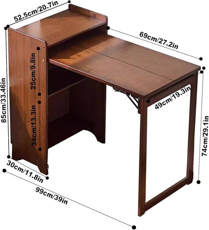 Bamboo Folding Desk with Storage Shelves Space Saving Mid Century Modern Bookcase with Drop Down Table Hide Away Desk for Home Bedroom Study Office