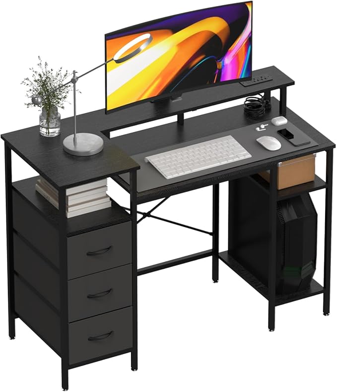 VINGLI 47 Inch L-Shaped Computer Desk Small Computer Gaming Desk with Fabric Drawers &amp Storage Shelves Charging Station Monitor Stand for Home Office Black