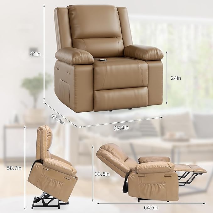 Power Lift Recliner Chair for ElderlyPU Leather160°Adjustable Electric Reclining Sofa with Massage and Heat for Living Room/BedroomTan