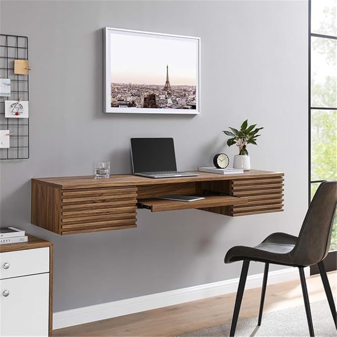 Pemberly Row Wall Mount Office Desk 60 in Wide Particleboard and Wood Walnut Finish Pull-Out Keyboard Tray Cable Management Full-Extension Glide Drawers Mid-Century Style for Home Office or